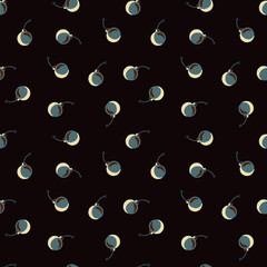 Dark seamless pattern with abstract random little bombs shapes. Black background. Danger backdrop.