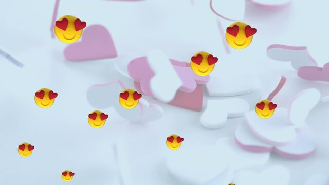 Multiple heart eyes face emojis floating over multiple hearts falling against white background