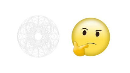 Digital animation of abstract geometric circular shape and thinking face emoji on white background - Powered by Adobe
