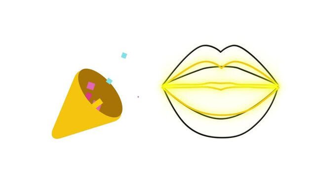 Digital Animation Of Party Popper And Neon Yellow Lips Icons Against White Background