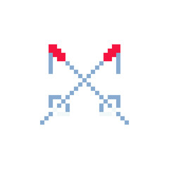 Obraz premium Ski poles winter sport icon. Skiing equipment isolated on white background pixel art style vector illustration. Elements for ski resort, mountain activities, logo. 8-bit.