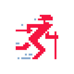 Skier winter sport icon. Skiing equipment logo isolated on white background pixel art style vector illustration. Elements for ski resort, mountain activities, logo. 8-bit.