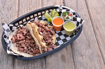 Tacos mexican food wooden background horizaontal