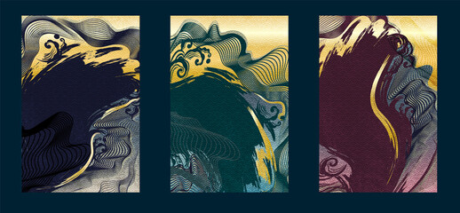 Abstract Art Japanese Simple Gradient Blue Green, Gold and Purple Background with Silhouette Water Stroke, Frequency and Stain Texture on WaterWave Pattern Vector Graphics Design Illustration