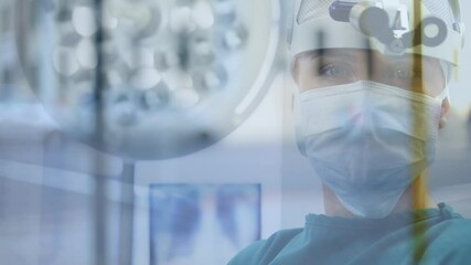 Portrait of female surgeon wearing surgical mask and binoculars against city traffic - Powered by Adobe