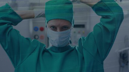 Digital composition of portrait of female surgeon wearing face mask against city traffic - Powered by Adobe