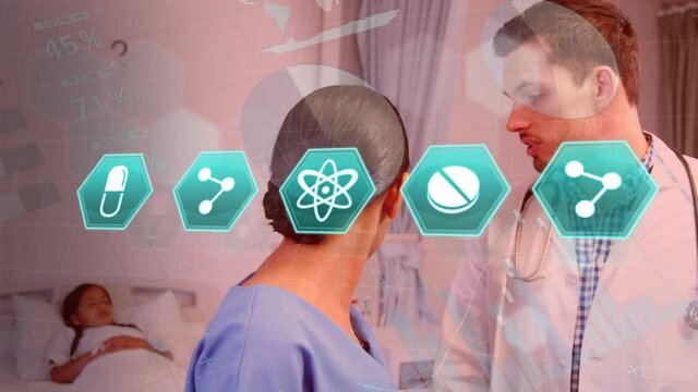 Medical icons and statistical data processing over male doctor and female health worker discussing