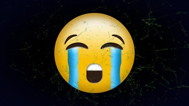 Digital animation of network of connections floating over crying face emoji against black background