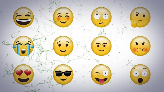 Digital animation of network of connections floating over multiple face emojis on grey background