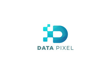 Letter D data pixel creative 3d blue color technological business logo design