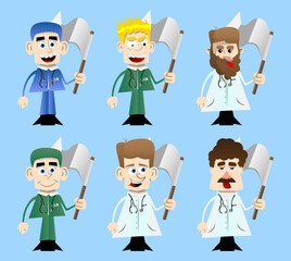 Funny cartoon doctor holds white flag of surrender. Vector illustration.