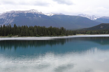 Amazing lake Annette and lake Edith in the beautiful nature in the middle of Canada. Epic roadtrip through the Banff and Jasper Park in British Columbia. Just wonderful weather, blue sky.