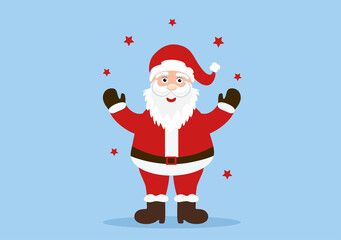 Merry Christmas, Cute Cartoon Santa Claus Background vector illustration and Friends With Snow Man, Some Gifts. For Landing Page In Flat Style Design