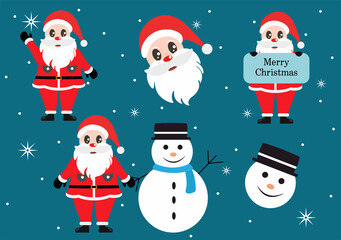 Merry Christmas, Cute Cartoon Santa Claus Background vector illustration and Friends With Snow Man, Some Gifts. For Landing Page In Flat Style Design