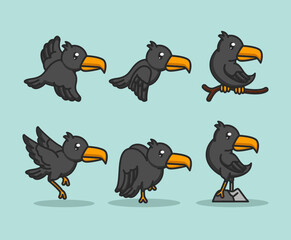 Set of cute crow raven birds
