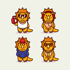 Set of cute funky dino triceratops