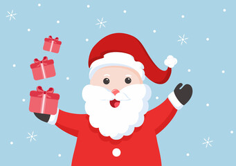 Merry Christmas, Cute Cartoon Santa Claus Background vector illustration and Friends With Snow Man, Some Gifts. For Landing Page In Flat Style Design