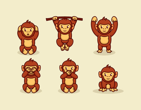 Set of cute chimpanzee monkey baby