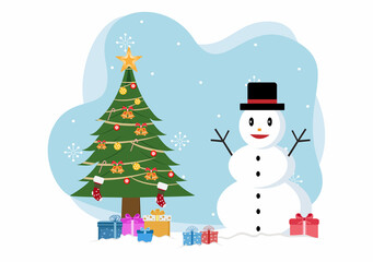 Merry Christmas, Cute Cartoon Santa Claus Background vector illustration and Friends With Snow Man, Some Gifts. For Landing Page In Flat Style Design