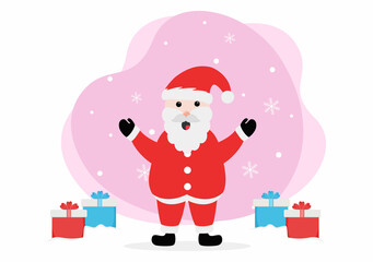 Merry Christmas, Cute Cartoon Santa Claus Background vector illustration and Friends With Snow Man, Some Gifts. For Landing Page In Flat Style Design