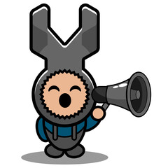 vector cartoon character mascot costume mechanical tool wrench cute doodle holding megaphone