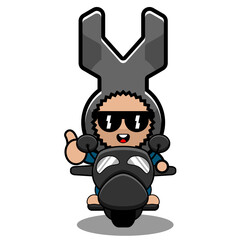 vector cartoon character mascot costume mechanic tool wrench cute doodle riding motorbike