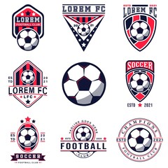 Set of Soccer Football Badge Logo Design Templates. Sport Team Identity Vector Illustrations isolated on white background. Collection of Soccer Themed T-shirt Graphics