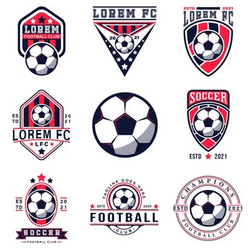 Set of Soccer Football Badge Logo Design Templates. Sport Team Identity Vector Illustrations isolated on white background. Collection of Soccer Themed T-shirt Graphics