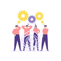 illustration of a team or group trying to solve a problem. the concept of teamwork, problem solving, negotiating, brainstorming. gear and tangled threads. flat cartoon style. vector design