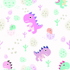 Cute childish seamless pattern with dinosaurs, egg and footprint in the jungle. Vector hand drawn illustration.