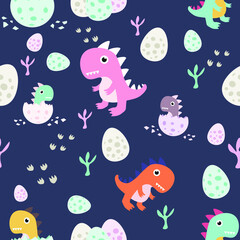 Naklejka na ściany i meble Cute childish seamless pattern with dinosaurs, egg and footprint in the jungle. Vector hand drawn illustration.