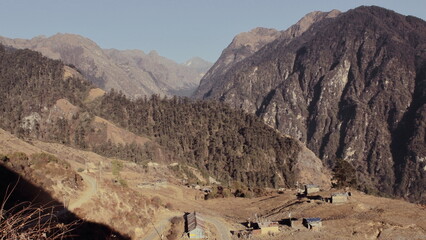 scenic mountain landscape and countryside view of zemithang valley near tawang in arunachal pradesh, north east india