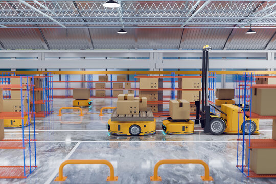 automated guided vehicle working with AGV folklift in warehouse, transfering robot system with logistic business concept, 3d illustration rendering