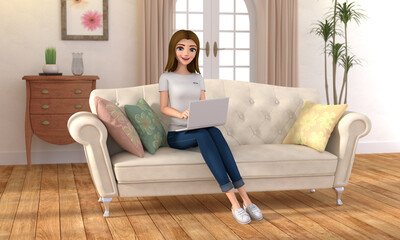 3D illustration character - A young woman is sitting on a couch, using a laptop.