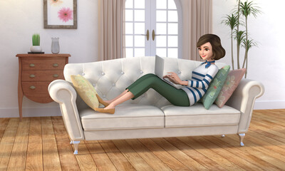 Fototapeta premium 3D illustration character - A young woman is sitting on a couch, using a laptop.