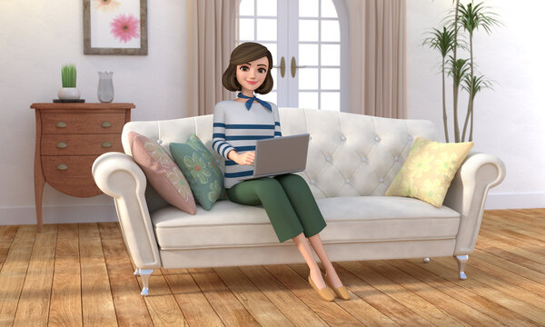 3D illustration character - A young woman is sitting on a couch, using a laptop.