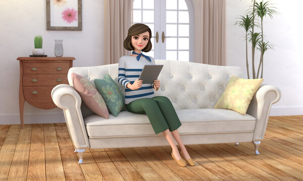 3D illustration character - A young woman is sitting on a couch, working on a tablet.