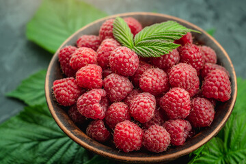 Bowl with fresh ripe delicious raspberries and a green leaves on a black background