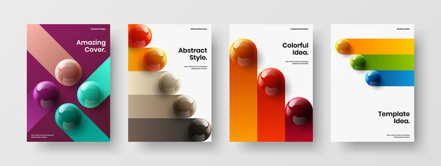 Amazing 3D spheres booklet illustration collection. Simple company brochure A4 design vector template set.