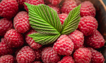 Fresh ripe juicy and appetizing raspberries and green leaves. Closeup