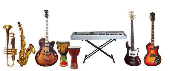 Set of musical instruments for a pop ensemble. Isolated on white. 