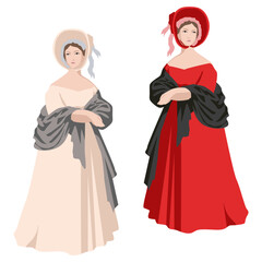 Fototapeta premium Beautiful lady retro dress with a hat with shawl handkerchief pink red