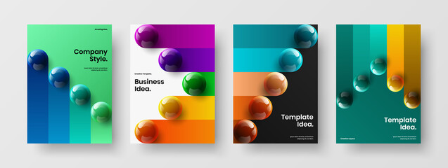Bright corporate identity A4 vector design concept collection. Amazing 3D spheres pamphlet layout bundle.