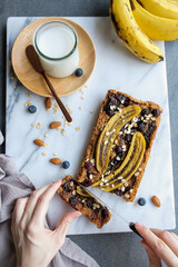 Delicious and healthy homemade pastry. Vegan Banana Bread with Blueberries. For fitness enthusiast, working couples and family. Ideal for breakfast and  tea break. 