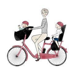 電動アシスト自転車　三人乗り　シニア女性と子供二人
