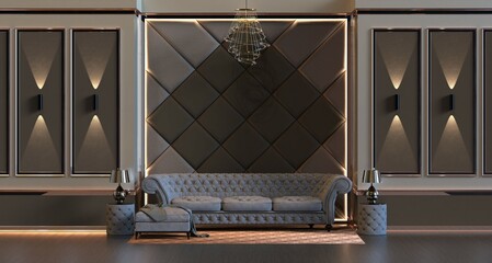 3d rendering of design interior living room with lamp and padded wall wall panel