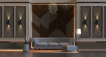 3d rendering of design interior living room with lamp and padded wall wall panel