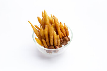 Finger root in glass bowl on white background.