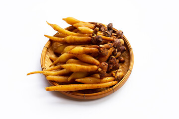 Finger root in bamboo basket on white background.