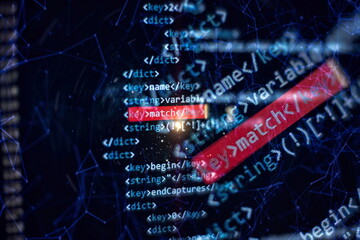 SEO optimization. Modern tech. PHP syntax highlighted. Writing programming functions on laptop.